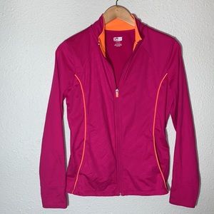 Go Fit pink floral print workout zip-up jacket orange piping Sz L activewear
